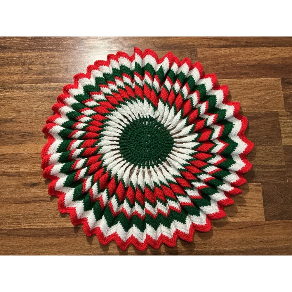 Handmade Crocheted Round Doily Table Topper Christmas Yarn Red White Green 21in